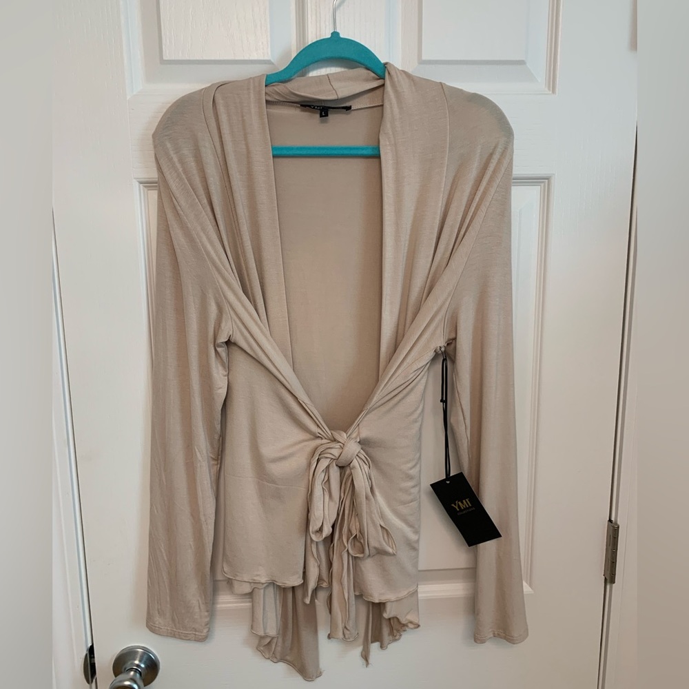 YMI Collections beige tie front cardigan. New. Size large